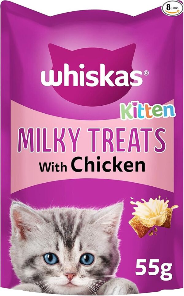 Whiskas Kitten Milky Treats 8 x 55 g Packets, Tasty, Milky Treats for Kittens aged 2 to 12 Months, small bite size Snacks with a delicious milky Filling